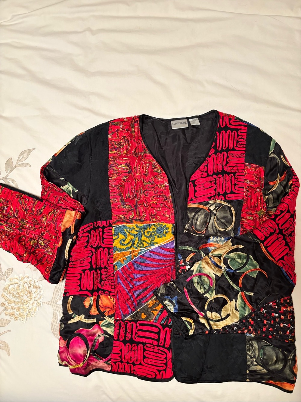Chico's Red Multi-Pattern Patchwork Blazer - Picture 2 of 3